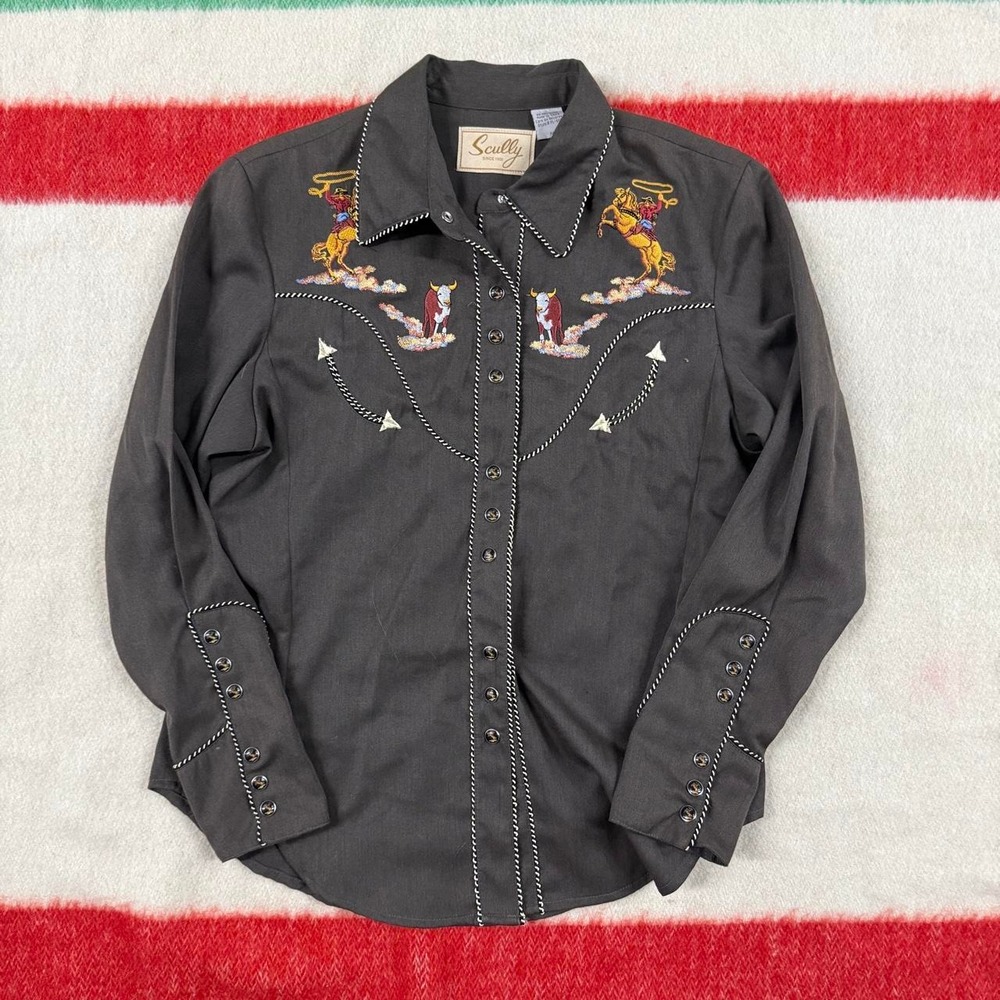 Scully Western Cowboy Embroidered Pearl Snap Shirt Black Womens M PL-669